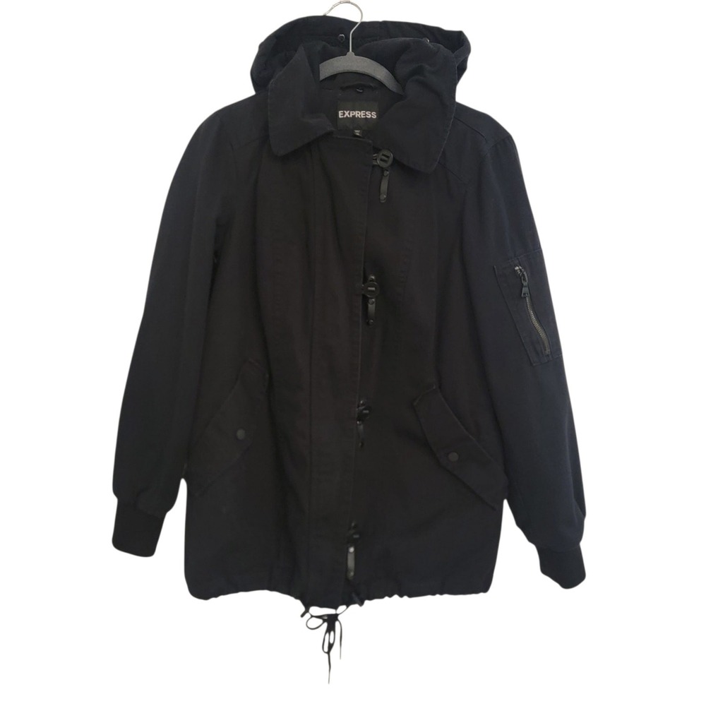 Express Womens Black Hooded Parka Utility Jacket XS Faux Fur Trim Quilted Lining